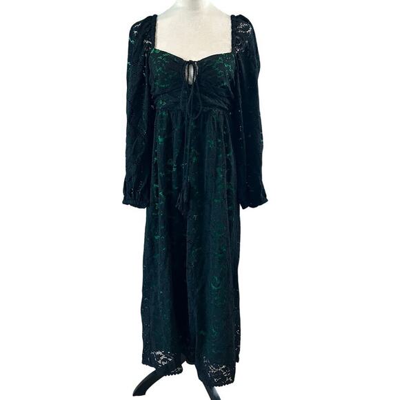 NWT Farm Rio Black Lace Long Sleeve Midi Dress Tasseled Sweetheart Neck Size M - Picture 2 of 7